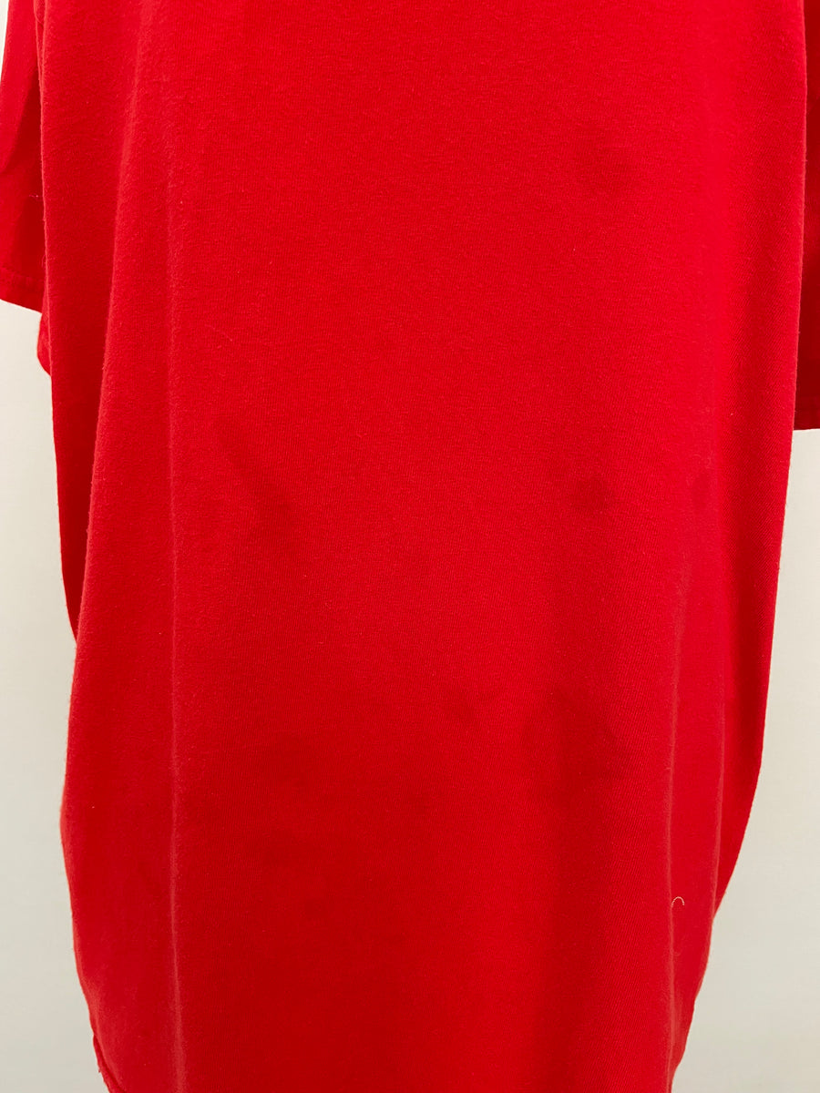 RED OVERSIZED VALENTINES HEART CUT-OUT TEE w/ oil stains/