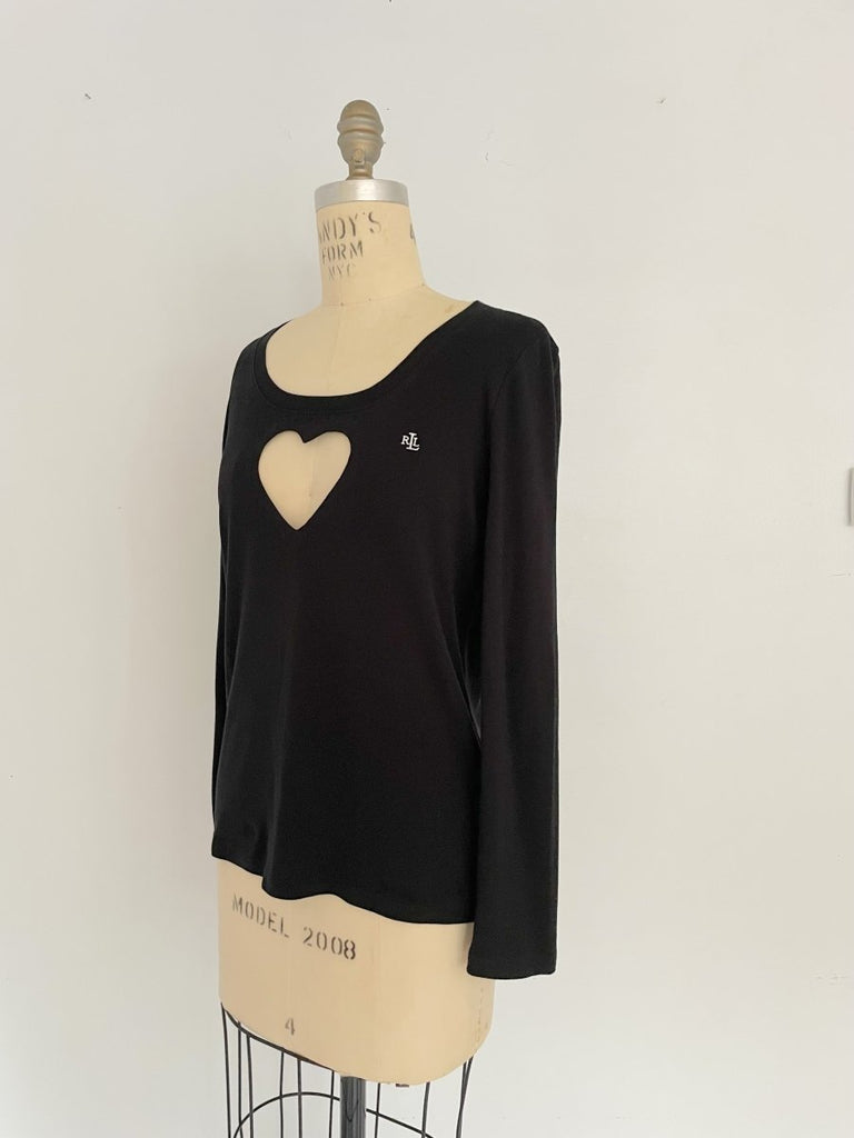 Handmade black long sleeve Ralph Lauren top with low neckline and bold heart cut-out, size Medium, crafted from a salvaged long sleeve top by Sarah Aphrodite.