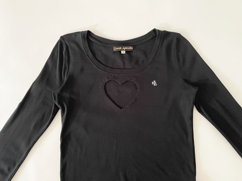 Handmade black long sleeve Ralph Lauren top with low neckline and bold heart cut-out, size Medium, crafted from a salvaged long sleeve top by Sarah Aphrodite.
