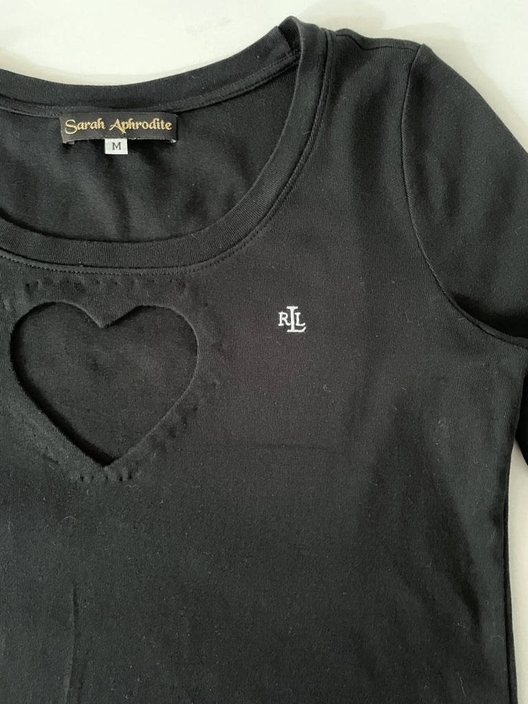 Handmade black long sleeve Ralph Lauren top with low neckline and bold heart cut-out, size Medium, crafted from a salvaged long sleeve top by Sarah Aphrodite.