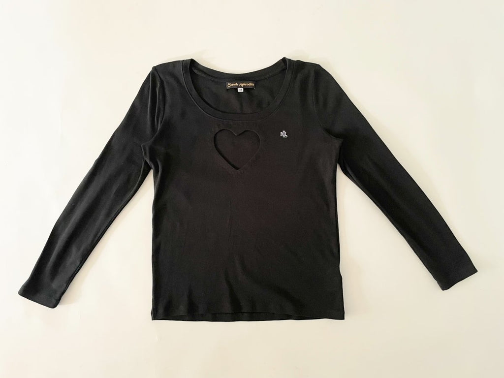 Handmade black long sleeve Ralph Lauren top with low neckline and bold heart cut-out, size Medium, crafted from a salvaged long sleeve top by Sarah Aphrodite.