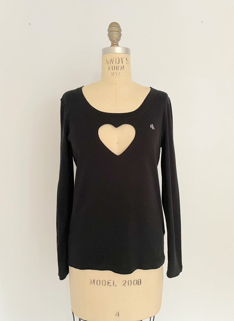 Handmade black long sleeve Ralph Lauren top with low neckline and bold heart cut-out, size Medium, crafted from a salvaged long sleeve top by Sarah Aphrodite.