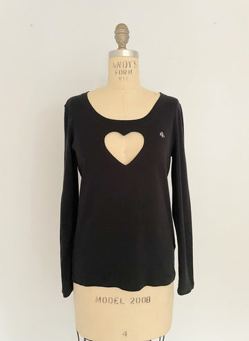 Handmade black long sleeve Ralph Lauren top with low neckline and bold heart cut-out, size Medium, crafted from a salvaged long sleeve top by Sarah Aphrodite.
