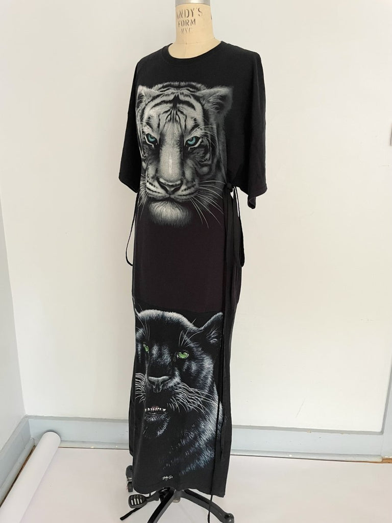 Handmade sustainable one-of-a-kind floor-length t-shirt dress by Sarah Aphrodite, crafted from repurposed cotton tees. Features 2 large cat prints and side ties for sizes Medium to Large.