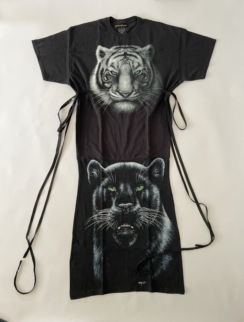 Handmade sustainable one-of-a-kind floor-length t-shirt dress by Sarah Aphrodite, crafted from repurposed cotton tees. Features 2 large cat prints and side ties for sizes Medium to Large.