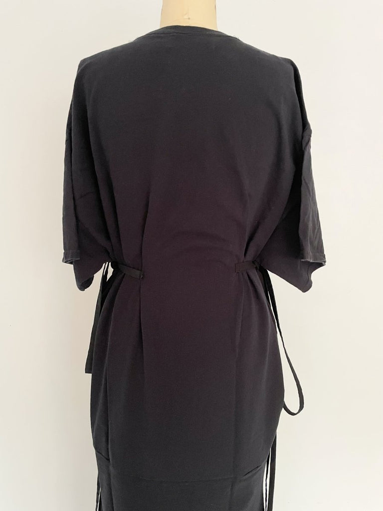 Handmade sustainable one-of-a-kind floor-length t-shirt dress by Sarah Aphrodite, crafted from repurposed cotton tees. Features 2 large cat prints and side ties for sizes Medium to Large.