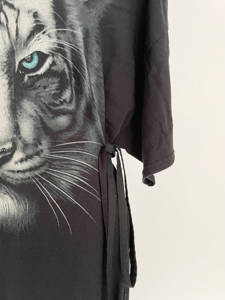 Handmade sustainable one-of-a-kind floor-length t-shirt dress by Sarah Aphrodite, crafted from repurposed cotton tees. Features 2 large cat prints and side ties for sizes Medium to Large.