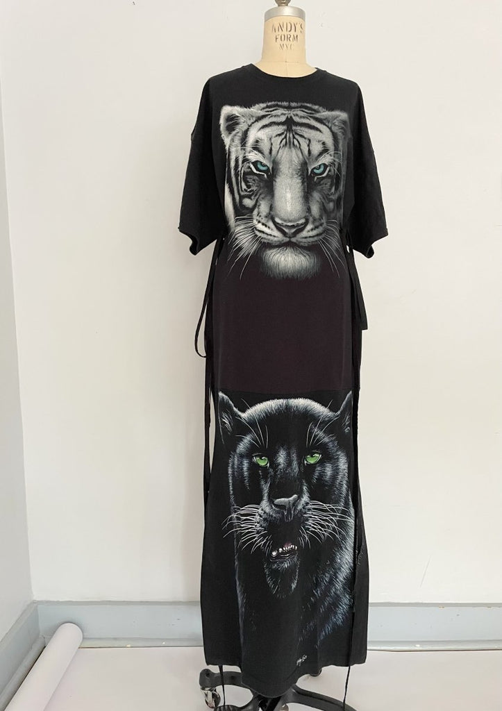 Handmade sustainable one-of-a-kind floor-length t-shirt dress by Sarah Aphrodite, crafted from repurposed cotton tees. Features 2 large cat prints and side ties for sizes Medium to Large.