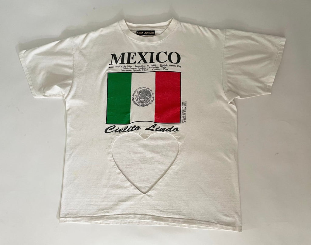 Handmade white upcycled cotton t-shirt with belly heart cut-out and Mexico flag print by Sarah Aphrodite, one-of-a-kind sustainable design