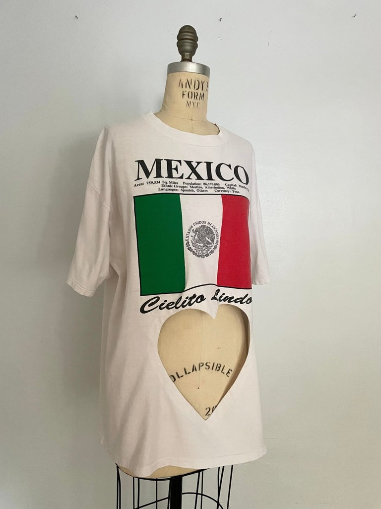 Handmade white upcycled cotton t-shirt with belly heart cut-out and Mexico flag print by Sarah Aphrodite, one-of-a-kind sustainable design