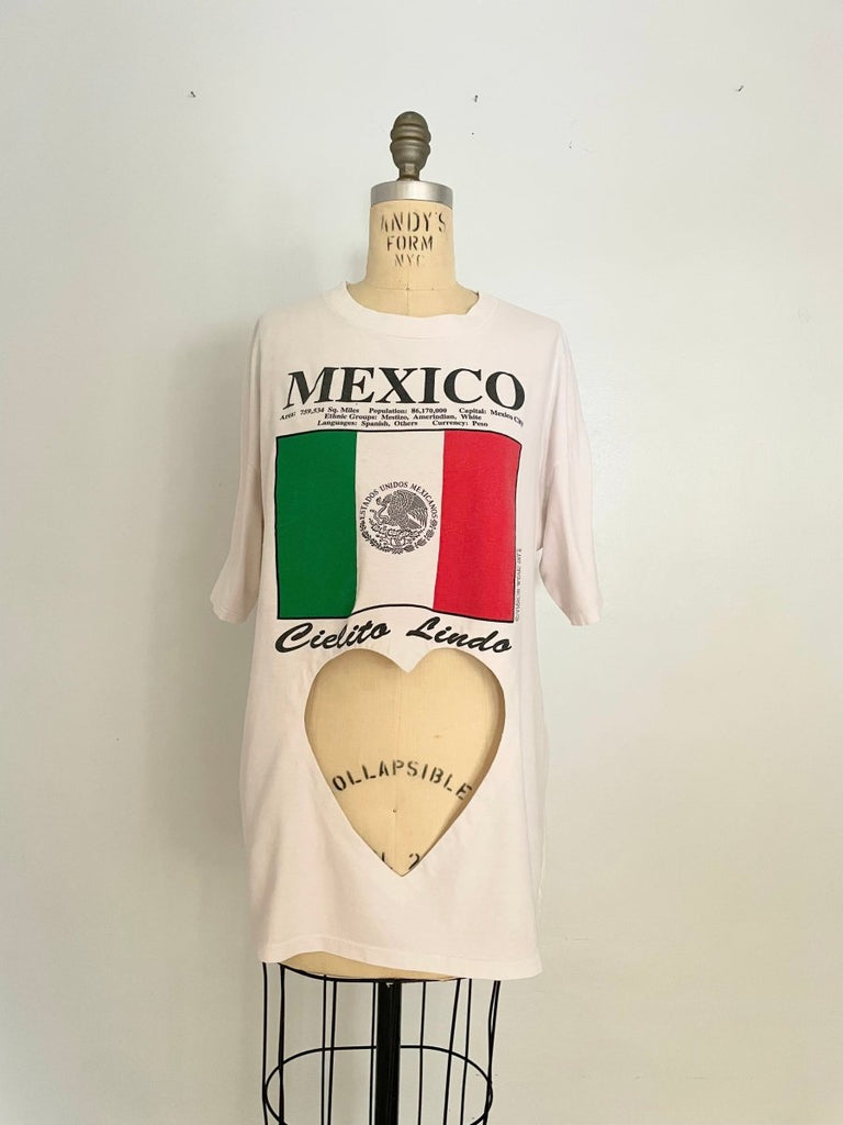 Handmade white upcycled cotton t-shirt with belly heart cut-out and Mexico flag print by Sarah Aphrodite, one-of-a-kind sustainable design