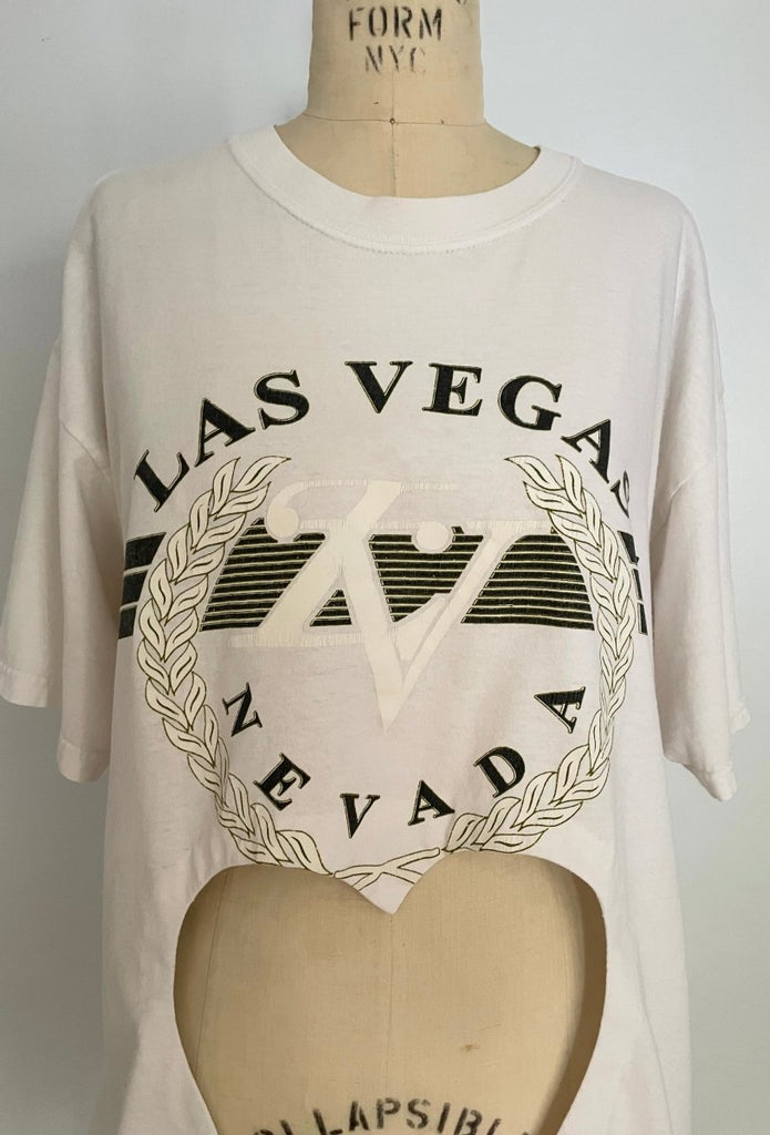 Handmade upcycled cotton T-shirt with large belly heart cut-out and Las Vegas Nevada graphic by Sarah Aphrodite, sustainable one-of-a-kind design