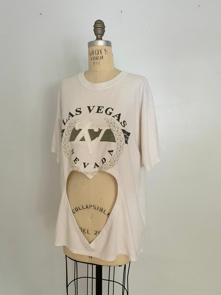 Handmade upcycled cotton T-shirt with large belly heart cut-out and Las Vegas Nevada graphic by Sarah Aphrodite, sustainable one-of-a-kind design