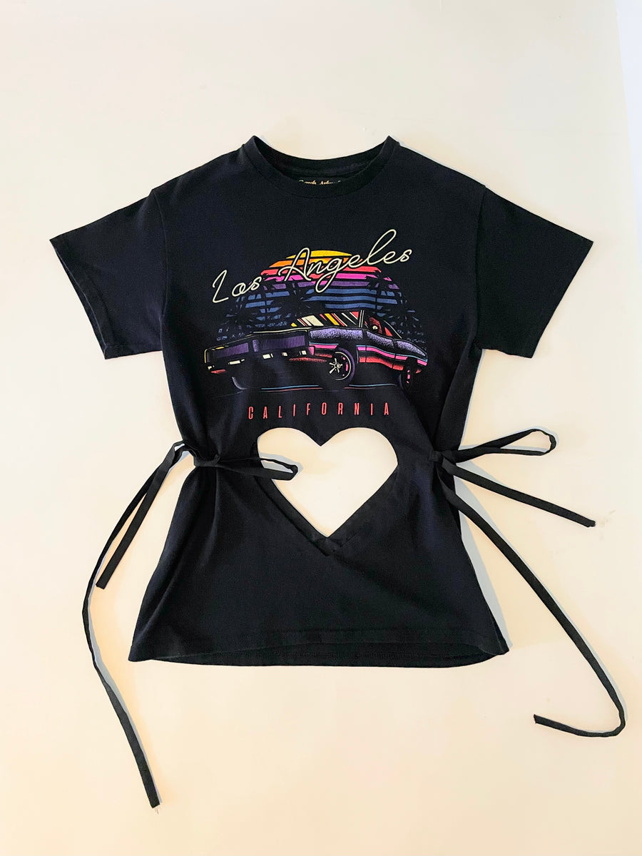 Los Angeles print double heart cut out tee w/ties