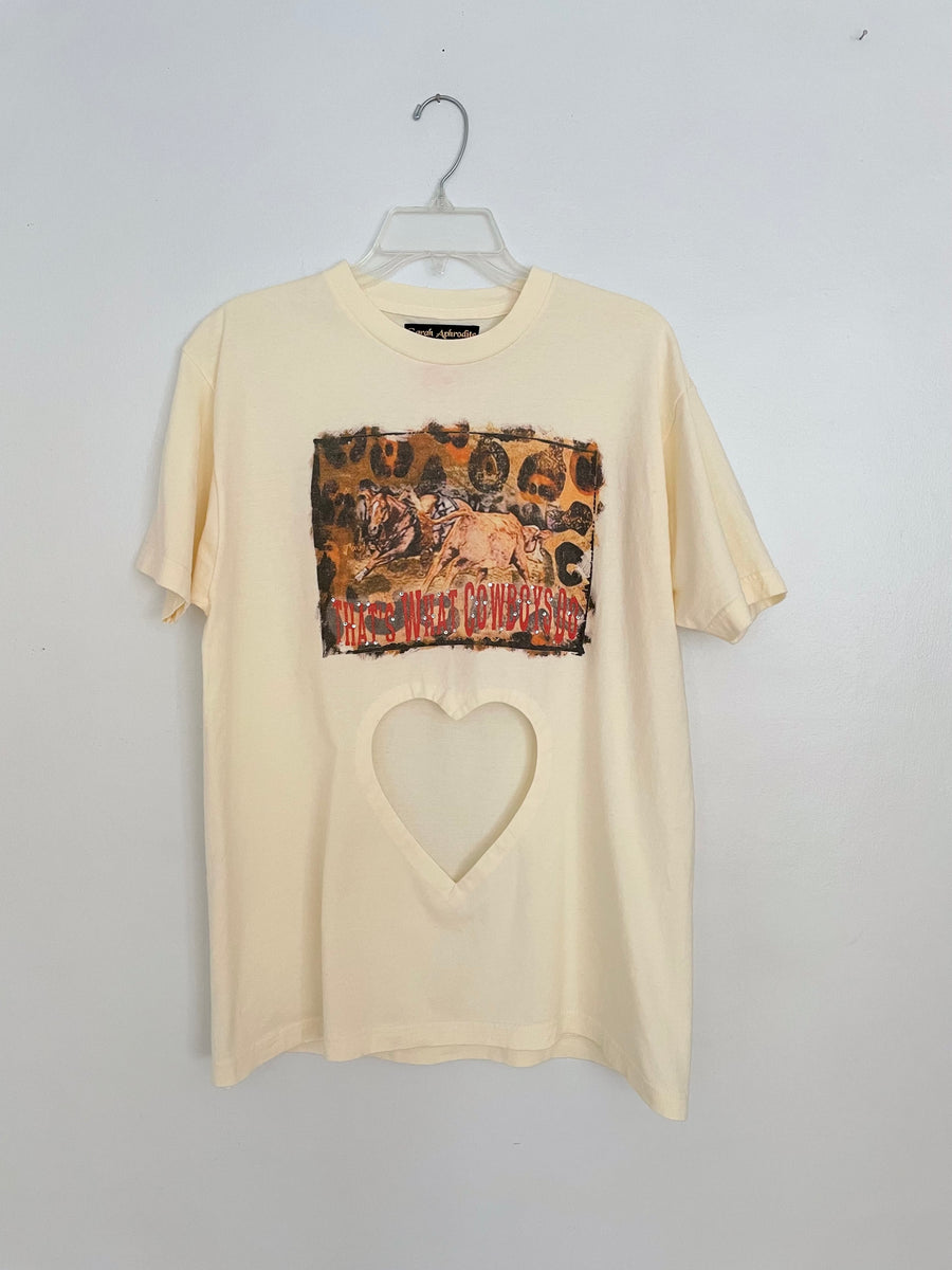 COWBOY print t-shirt w/ belly heart cut out.