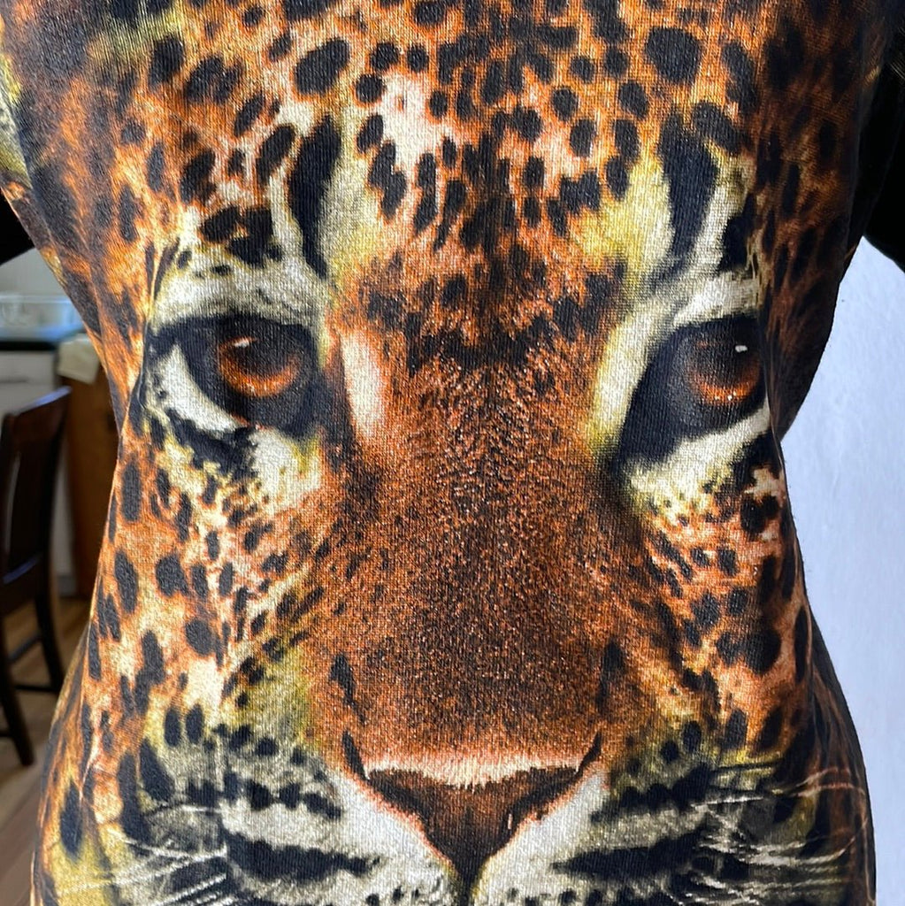 close up of a leopard print T-shirt