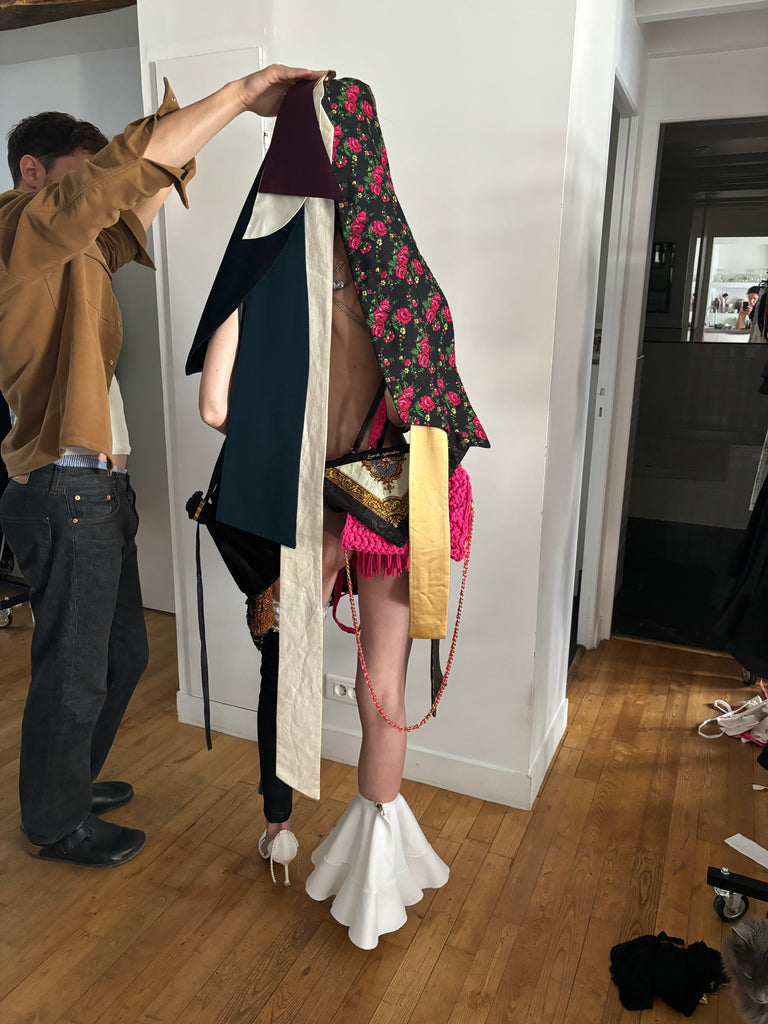 Long avant-garde handmade multicolored hair clips by Sarah Aphrodite, crafted from leftover upcycled fabrics. Sustainable fashion hair accessory.