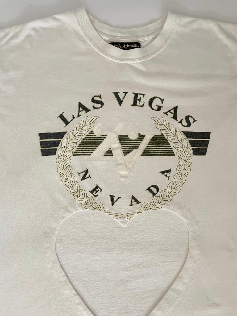 Handmade upcycled cotton T-shirt with large belly heart cut-out and Las Vegas Nevada graphic by Sarah Aphrodite, sustainable one-of-a-kind design