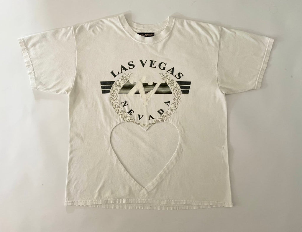 Handmade upcycled cotton T-shirt with large belly heart cut-out and Las Vegas Nevada graphic by Sarah Aphrodite, sustainable one-of-a-kind design