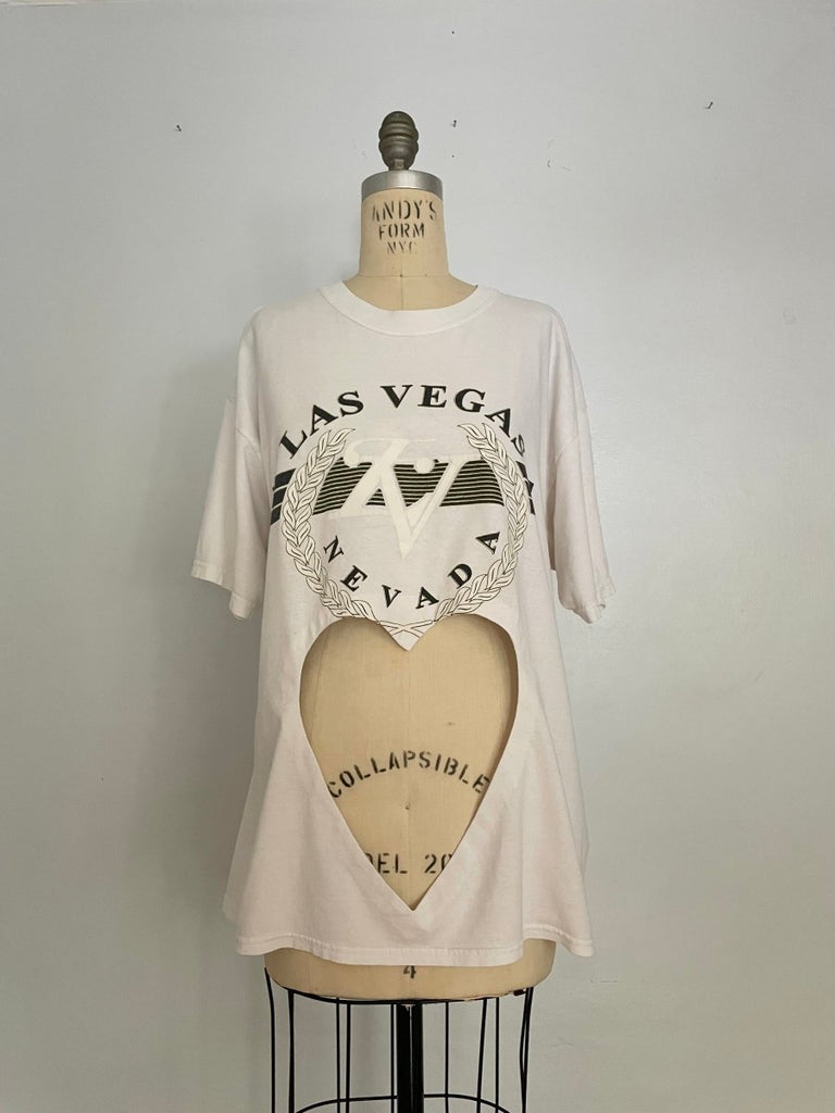 Handmade upcycled cotton T-shirt with large belly heart cut-out and Las Vegas Nevada graphic by Sarah Aphrodite, sustainable one-of-a-kind design