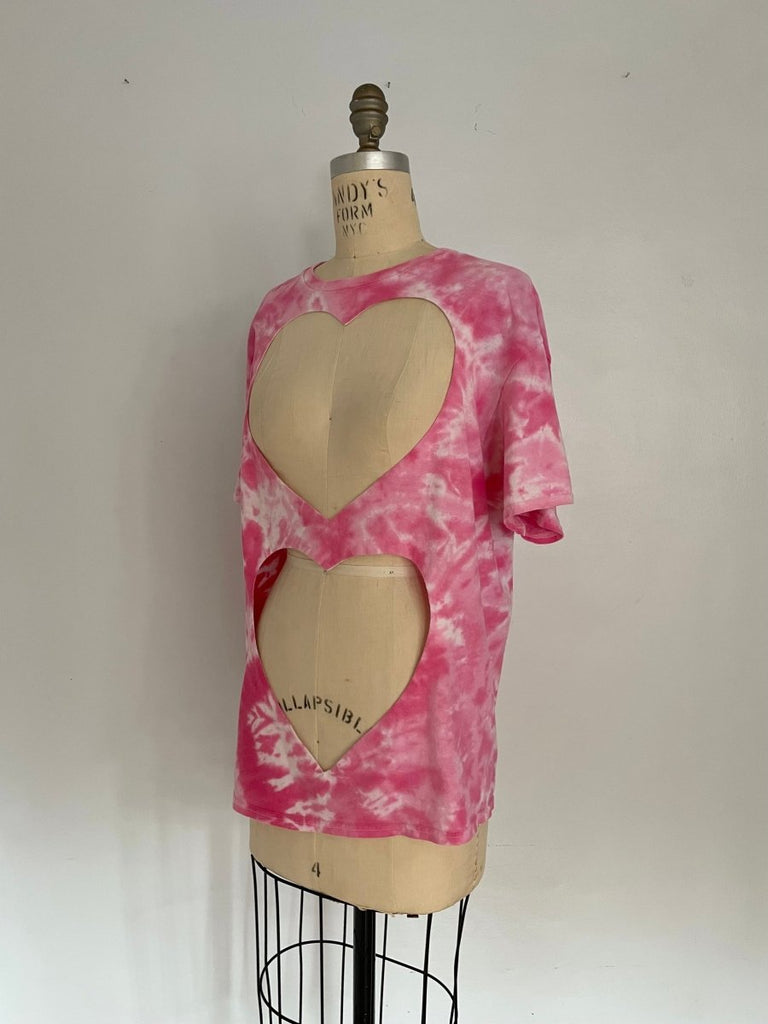 Handmade pink tie-dye upcycled cotton T-shirt with two large heart cut-outs by Sarah Aphrodite, one-of-a-kind oversized sustainable fashion piece