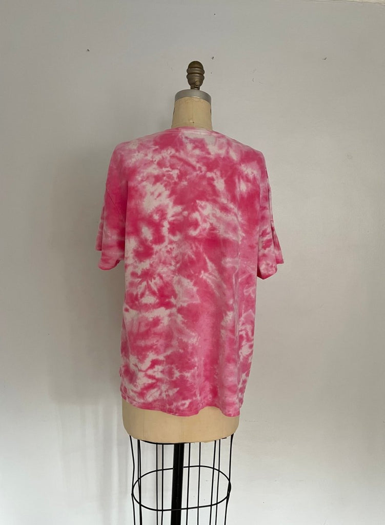 Handmade pink tie-dye upcycled cotton T-shirt with two large heart cut-outs by Sarah Aphrodite, one-of-a-kind oversized sustainable fashion piece