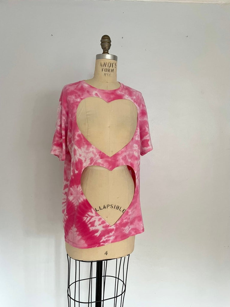 Handmade pink tie-dye upcycled cotton T-shirt with two large heart cut-outs by Sarah Aphrodite, one-of-a-kind oversized sustainable fashion piece