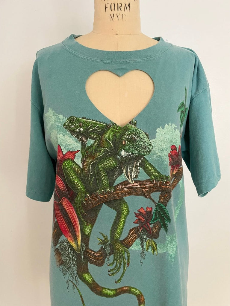 Handmade turquoise upcycled cotton T-shirt with heart cut-out and iguana print on front and back by Sarah Aphrodite, one-of-a-kind sustainable design