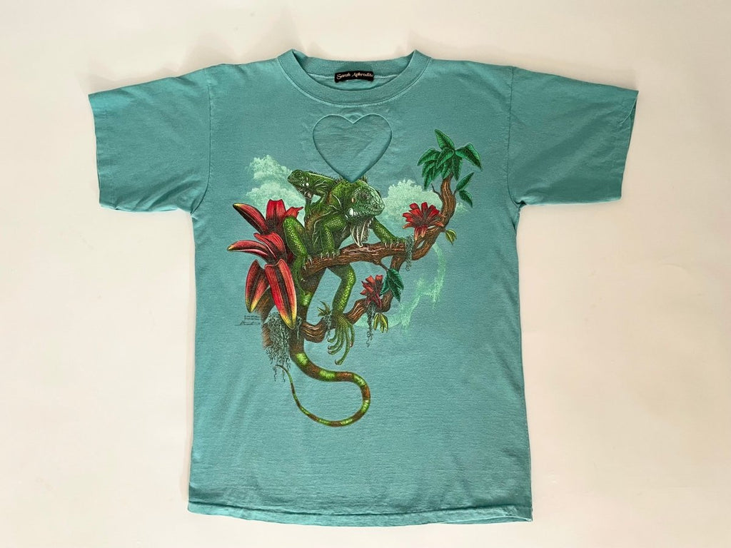 Handmade turquoise upcycled cotton T-shirt with heart cut-out and iguana print on front and back by Sarah Aphrodite, one-of-a-kind sustainable design
