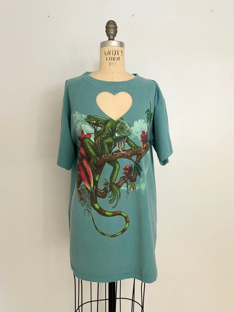 Handmade turquoise upcycled cotton T-shirt with heart cut-out and iguana print on front and back by Sarah Aphrodite, one-of-a-kind sustainable design