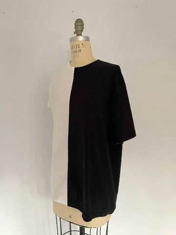 Handmade black and white split T-shirt created from upcycled cotton tshirts, size Medium, by Sarah Aphrodite