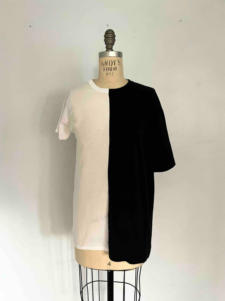 Handmade black and white split T-shirt created from upcycled cotton tshirts, size Medium, by Sarah Aphrodite