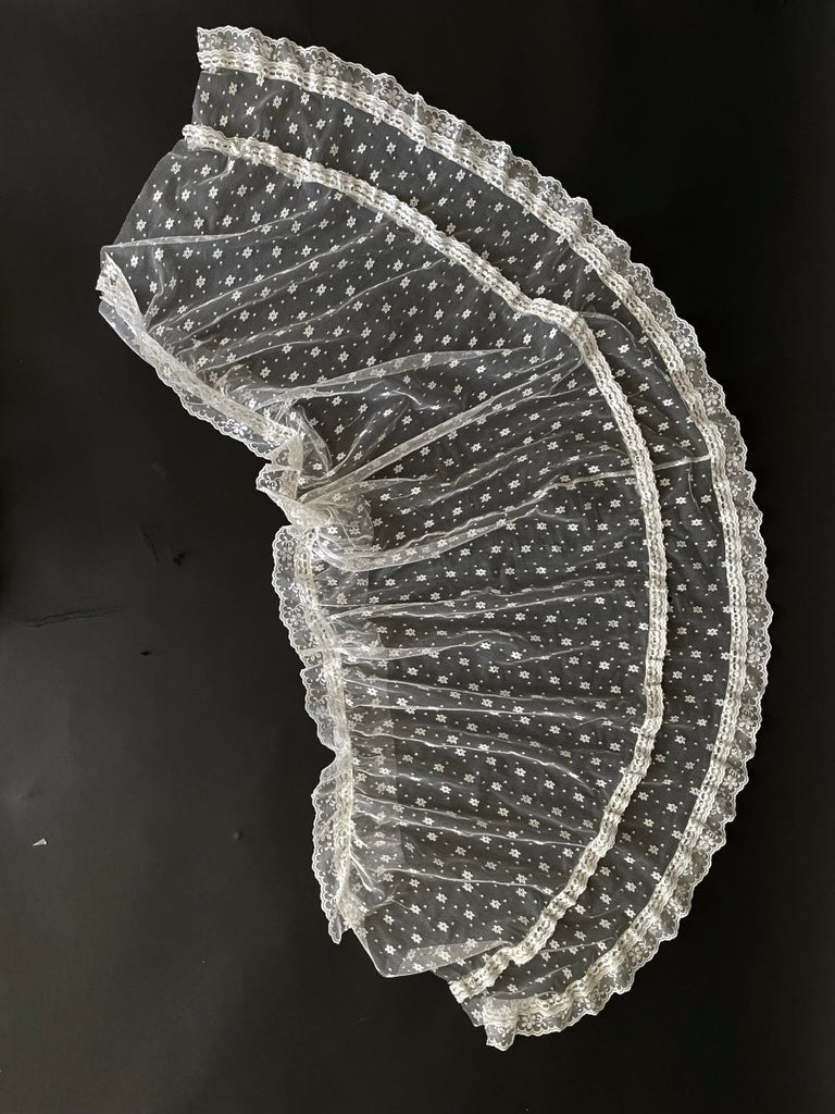 Close-up of a lace headscarf with a black background