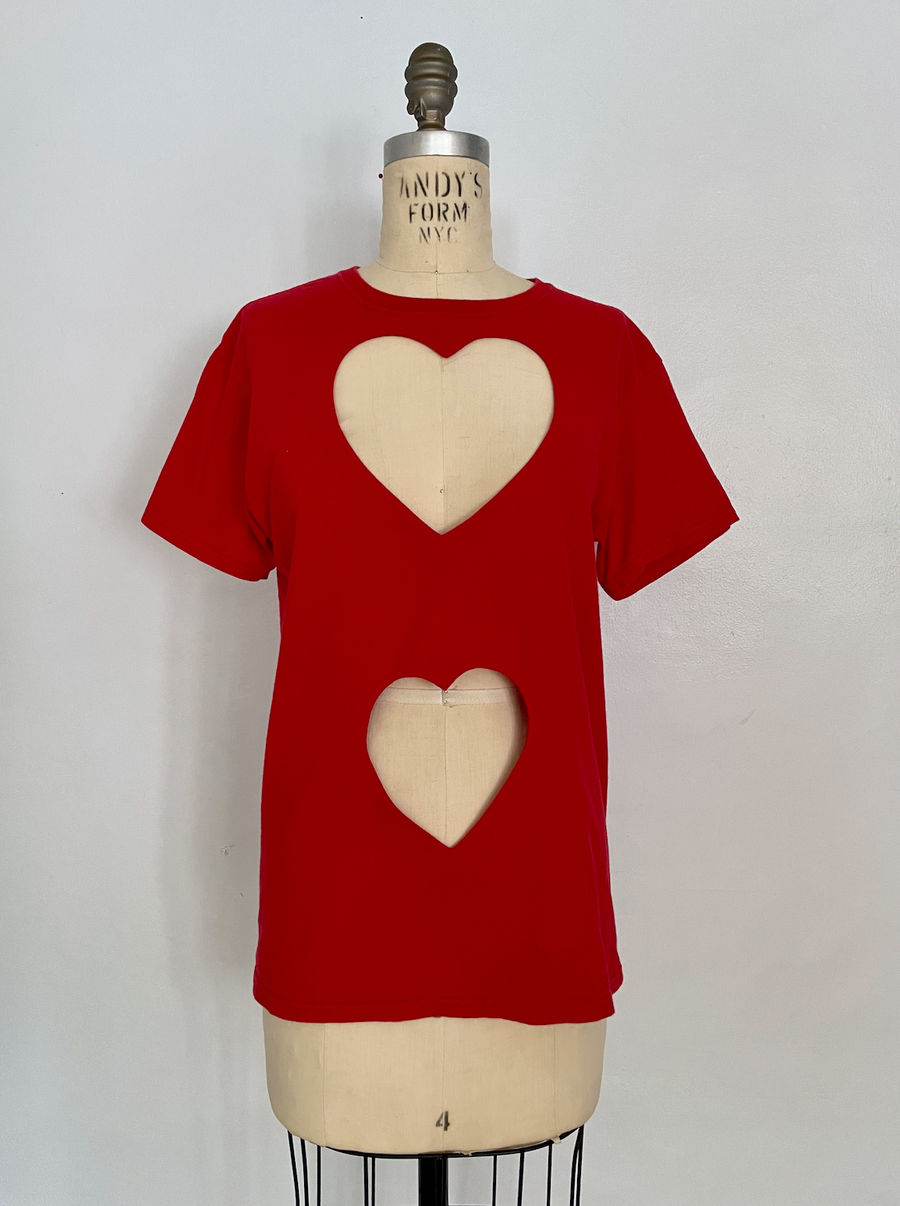 red fitted double heart cut out tee