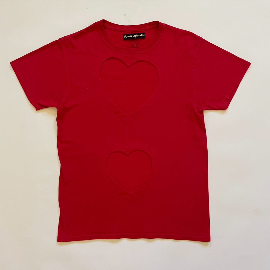 red fitted double heart cut out tee