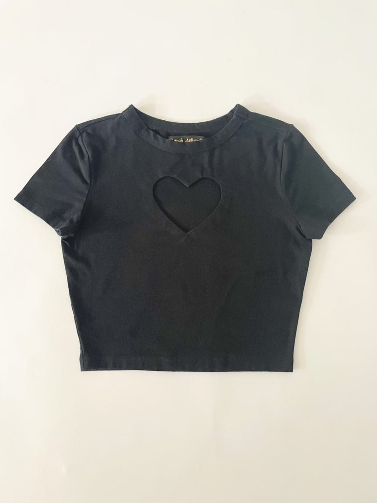 One-of-a-kind sustainable black cropped heart cut-out top by Sarah Aphrodite. Handmade from repurposed stretchy cotton-blend. Fits XS–S.