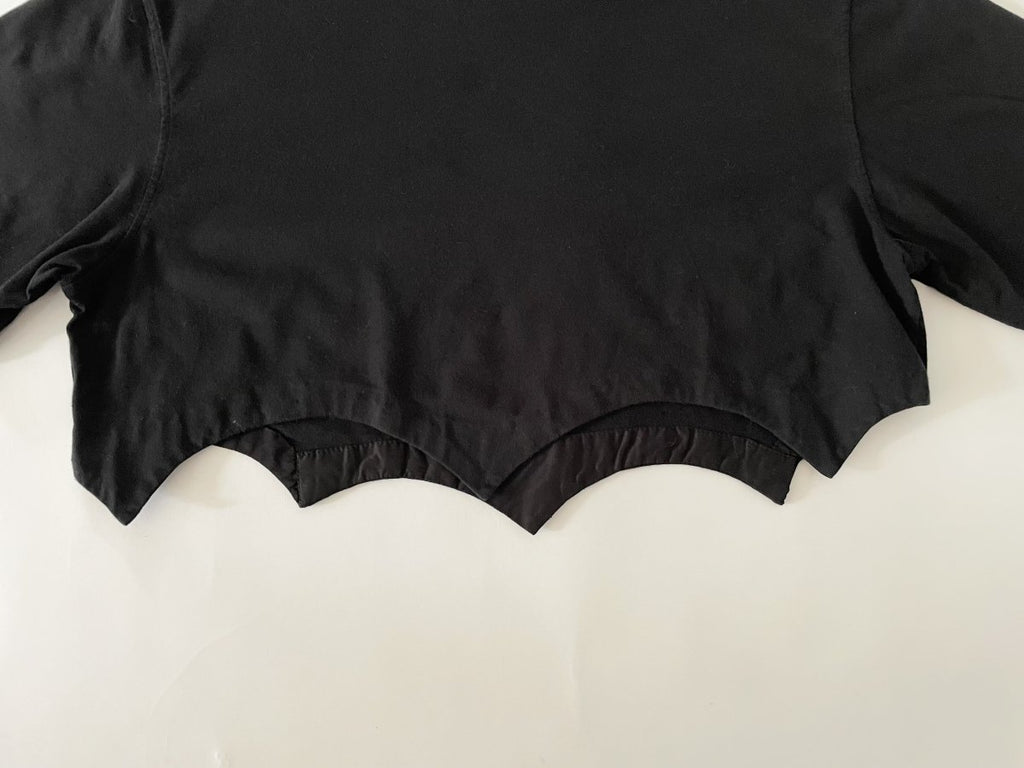 Handmade black cropped T-shirt with scallop hem, crafted from salvaged cotton. One-of-a-kind sustainable piece by Sarah Aphrodite.