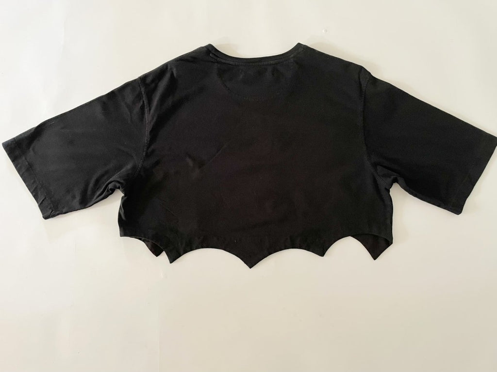 Handmade black cropped T-shirt with scallop hem, crafted from salvaged cotton. One-of-a-kind sustainable piece by Sarah Aphrodite.