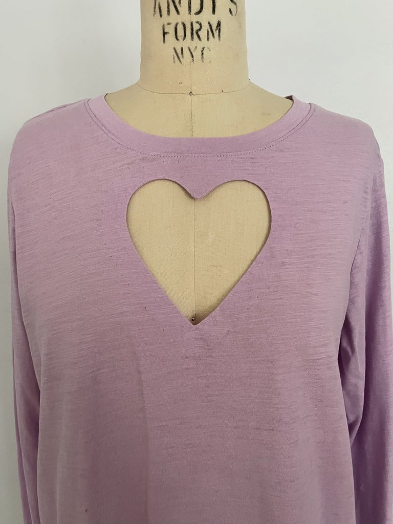 One-of-a-kind sustainable lavender long sleeve top by Sarah Aphrodite. Handmade from repurposed fabric, featuring heart cut-out detail. Fits Small–Medium.