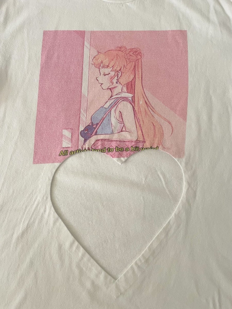 close up of a one-of-a-kind sustainable t-shirt by Sarah Aphrodite, featuring a belly heart cut-out and pink artist “girl” print. Made from repurposed cotton, fits Medium–Large.