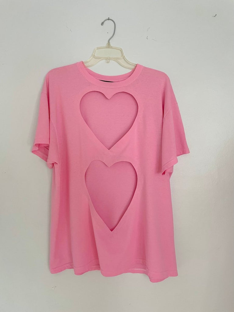 Sustainable handmade pink garment-dyed upcycled cotton T-shirt with two large heart cut-outs by Sarah Aphrodite, size large fits XS–L