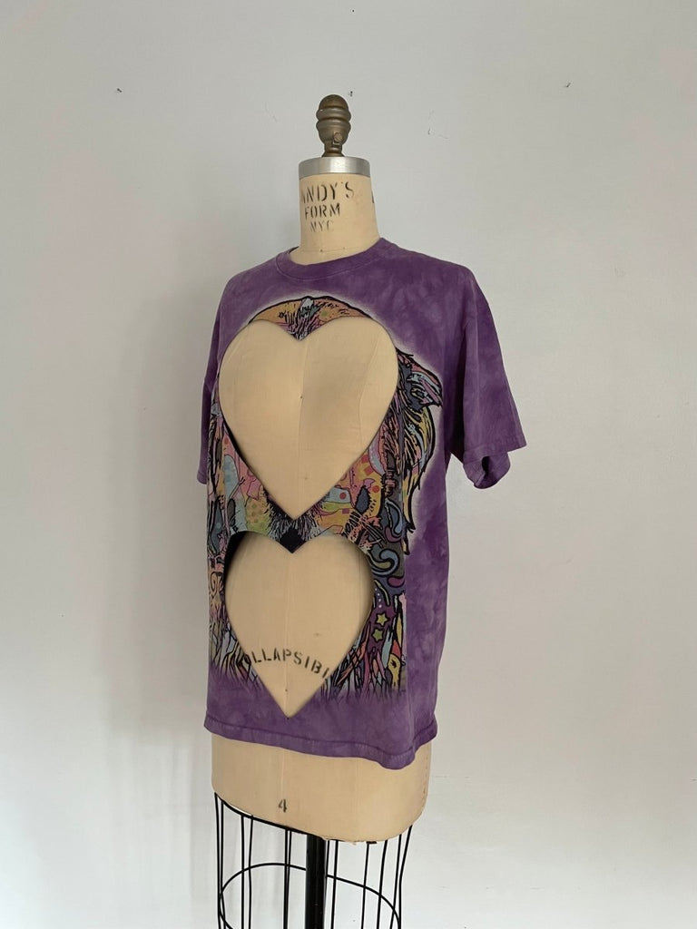 Sustainable handmade purple upcycled cotton T-shirt with remnant print details and two large heart cut-outs by Sarah Aphrodite, size large fits XS–L