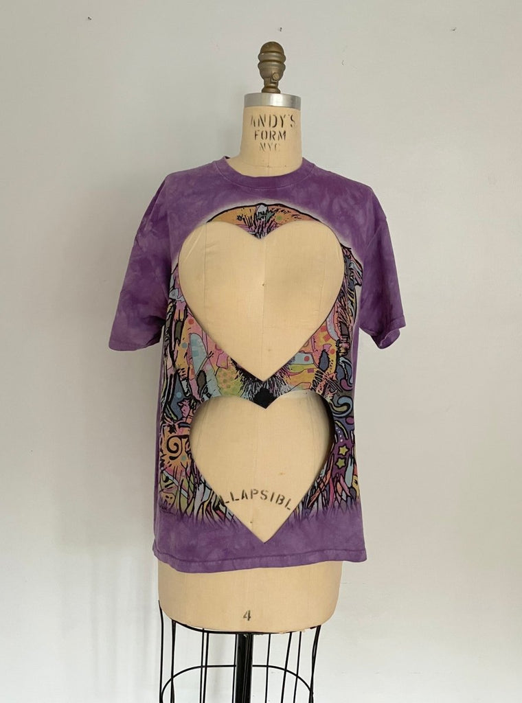 Sustainable handmade purple upcycled cotton T-shirt with remnant print details and two large heart cut-outs by Sarah Aphrodite, size large fits XS–L