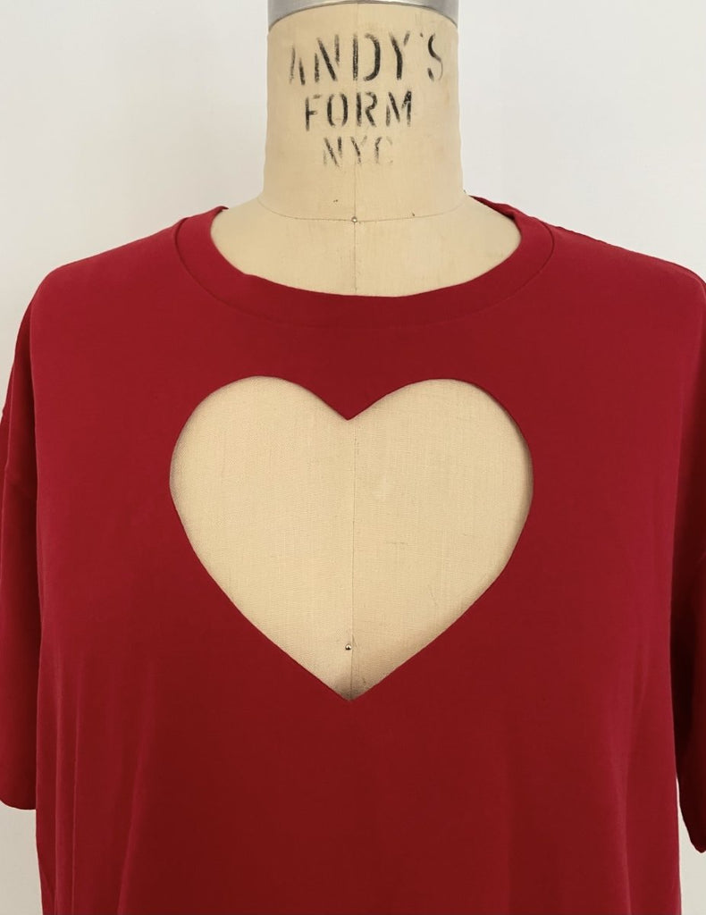 One-of-a-kind sustainable red heart cut-out t-shirt by Sarah Aphrodite. Size Large with curved front hem and straight back hem. Handmade from repurposed cotton.