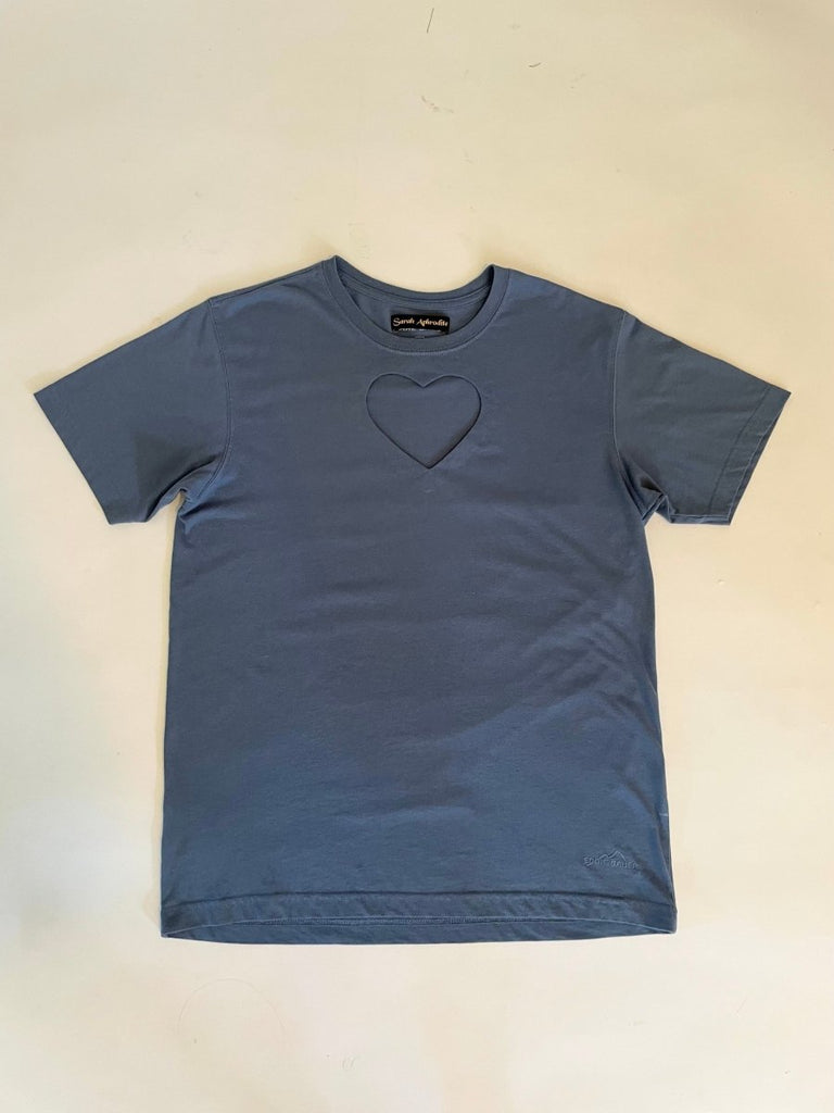 One-of-a-kind sustainable washed grey blue t-shirt by Sarah Aphrodite. Single heart cut-out on chest, handmade from repurposed cotton/poly blend. Fits medium.