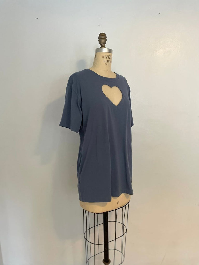 One-of-a-kind sustainable washed grey blue t-shirt by Sarah Aphrodite. Single heart cut-out on chest, handmade from repurposed cotton/poly blend. Fits medium.