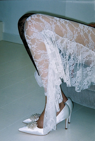 Made-to-order black and white lace ruffle leggings by Sarah Aphrodite