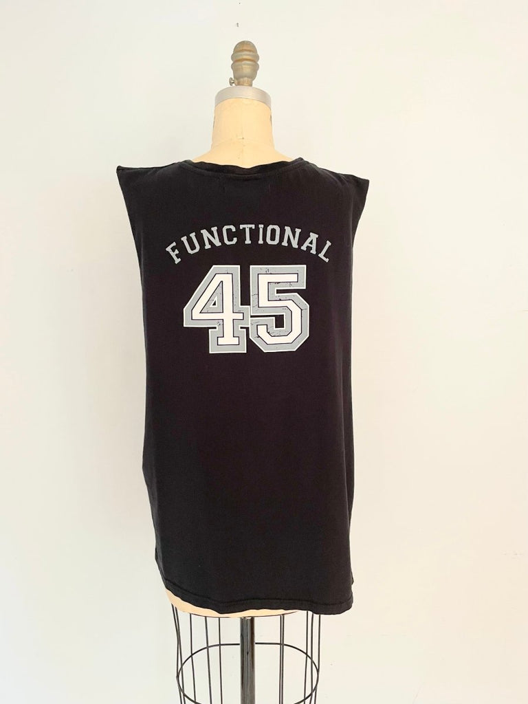 back view of handmade one-of-a-kind belly heart cut-out tank with functional 45 print on the back by Sarah Aphrodite displayed on a mannequin