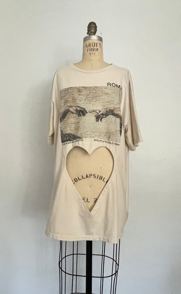 Handmade belly heart cut-out t-shirt, salvaged cotton, oversized XL fit
