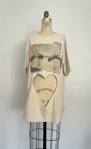 Handmade belly heart cut-out t-shirt, salvaged cotton, oversized XL fit
